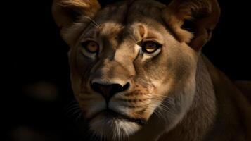 Close up portrait ferocious carnivore female lion, stare or looking at the camera at the dark shade area background. photo