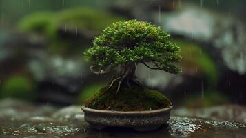 pequeño bonsai árbol en un cerámico maceta poner fuera de a el Roca en lluvioso día. ai generado foto