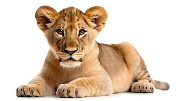 Close up portrait of young lion or baby lion, stare or looking at the camera, isolated on white background. photo