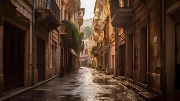 Quiet wet street alley with Mediterranean european residential architectural. AI Generated photo