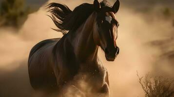 Close up of brown wild horse running in the nature blur background with lot of dust on the ground. AI Generated photo