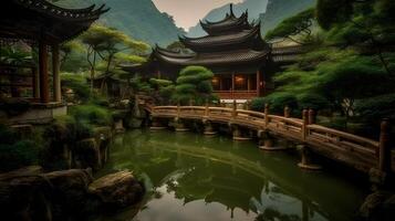 Ancient oriental temple building, serene green pond, nature reflecting, historical travel destination. AI Generated photo