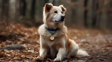 blanco marrón australiano rojo frontera collie sentar y esperando en el suelo a el bosque durante el otoño estación. ai generado foto