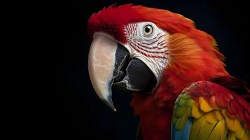 cerca arriba retrato Disparo rojo escarlata guacamayo pájaro aislado en negro. ai generado foto