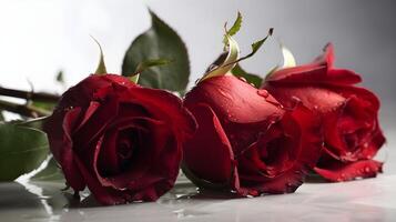 Close up three beautiful wet red rose flower with some leaves and water droplet looks fresh laying on the studio set white background. AI Generated photo