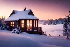 Landscape of winter snowy field and a fancy hut with clear cloudy sky and blur forest background in the evening sunset. photo