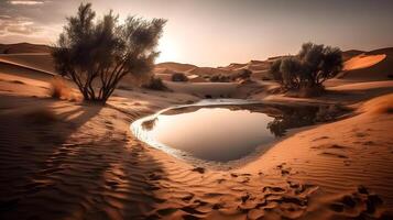 Morning reflection at the oasis water, serene landscape at the desert. AI Generated photo