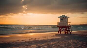 A beautiful sandy beach with evening golden hour sunset, and lifeguard tower, cloudy sky, good for background and backdrops. Summer beach. AI Generated photo