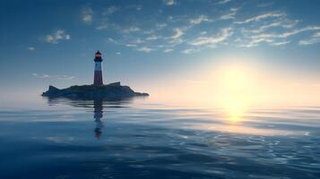 Landscape of dreamy blue sky blue water and a lighthouse beacon, reflection at the water. AI Generated photo