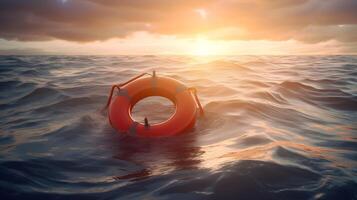 Buoys floating in the ocean, cloudy sky and evening sunset light. concept for vacation, missing person, drown, tragedy search and rescue. AI Generated photo