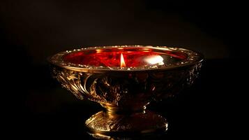 Burning decorative candle in a artistic brass cup, isolated on a black dark background studio shot. AI Generated photo