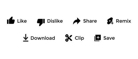 Like, dislike, share, remix, download, clip, and save icon. Elements of streaming video channel UI app. Vector illustration