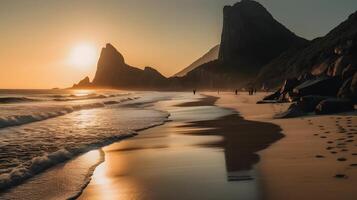 vibrante naranja puesta de sol paisaje de el mar playa y claro cielo dorado hora noche, hermosa rocoso acantilado a el playa naturaleza antecedentes. ai generado foto