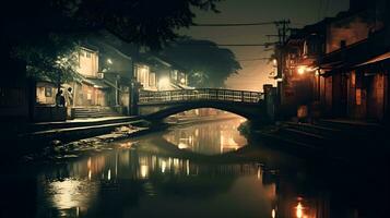 un de la ciudad iluminado horizonte refleja en un río a crepúsculo. oriental residencial río lado. ai generado foto