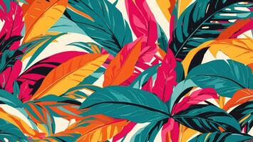 Seamless pattern with tropical leaves, Exotic background, illustration, green pink orange hues ai generated photo