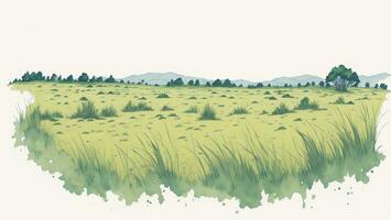 Illustration of grassland with mountains in the background, Vintage style AI generated photo