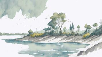 Landscape with river and trees, Digital watercolor painting AI generated photo