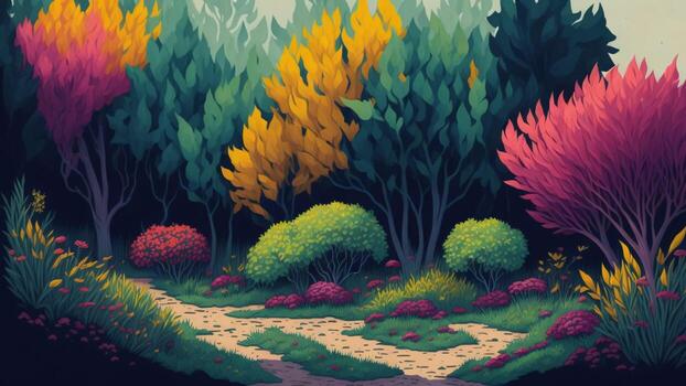 otoño bosque paisaje con arboles y arbustos, vistoso vector ilustración ai generado foto