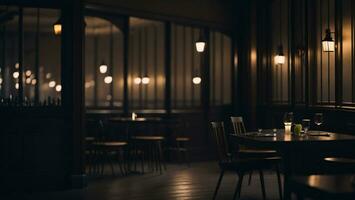 Cafe interior with tables and chairs in the evening. Selective focus ai generated photo