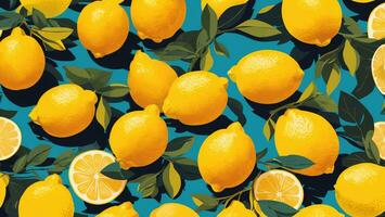 Lemon seamless pattern on blue background, illustration ai generated photo