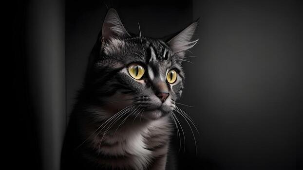 Cute black cat facing the camera black background closeup photo