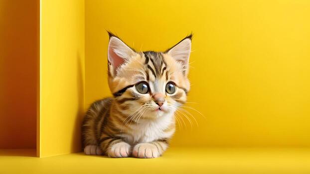 linda atigrado gato gatito frente a el cámara amarillo antecedentes de cerca ai generado foto