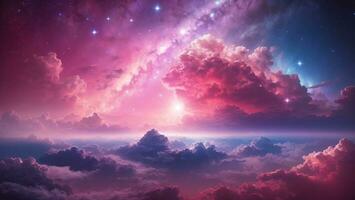 Pink clouds and stars, night sky background, gradient purple pink, vast cloud starry sky ai generated photo