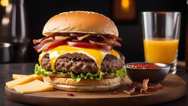 hamburguesa hamburguesa delicioso queso carne de vaca tomate tocino suave bebidas lechuga un pan cena ai generado foto