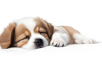 Cute puppy dog sleeping with the quilt blanket bed comfort white background ai generated photo