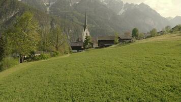 a boy is standing in the grass near a mountain video