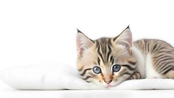 tabby kitten cat facing the camera with the quilt blanket bed comfort white background ai generated photo