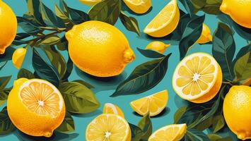 sin costura modelo con limones y hojas en ligero azul fondo, Fruta rebanadas ai generado foto