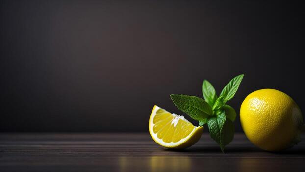 Lemon and mint on a dark wooden background, Copy space ai generated photo