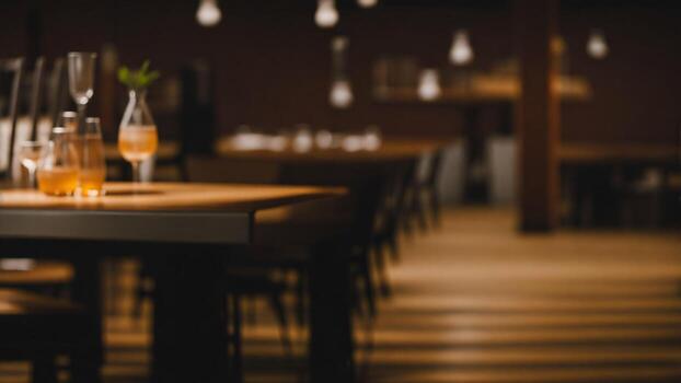Blurred background of a bar in a restaurant with wooden tables and chairs ai generated photo