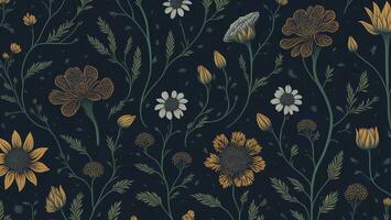 Seamless pattern with hand drawn flowers on dark background, illustration ai generated photo