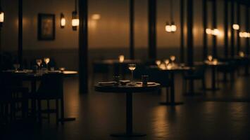 Luxury restaurant interior with tables and chairs, low light, selective focus ai generated photo