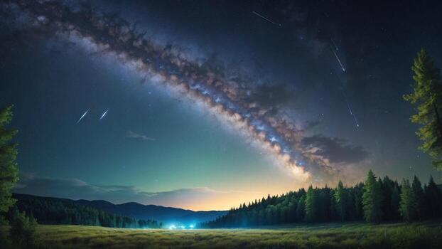 noche cielo con estrellas y lechoso camino en el montañas y bosque ai generado foto
