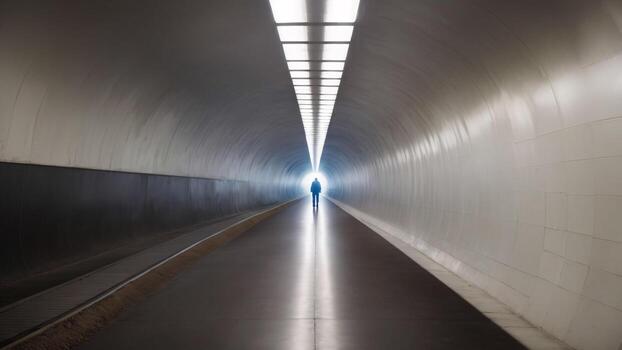 A man walking through a tunnel with light coming from the end ai generated photo