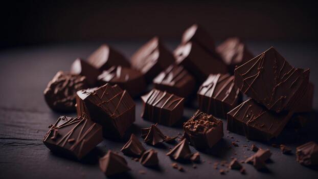 Chocolate pieces on a black background. Selective focus, Toned ai generated photo