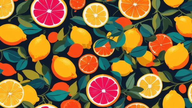 Seamless pattern with lemons and grapefruits, fruit slices, illustration ai generated photo