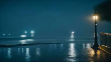 Flooded road, rainy night, street light, fence, bokeh AI generated photo