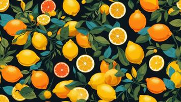 Seamless pattern with ripe lemons, dark background, illustration ai generated photo