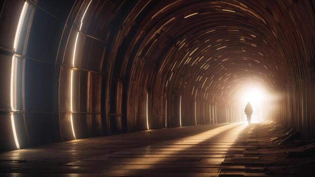 hombre caminando en un oscuro túnel, tonificado imagen ai generado foto