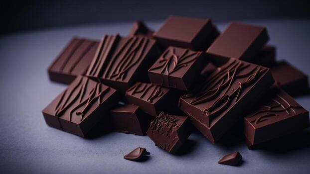 close up of chocolate pieces on a dark background, shallow depth of field ai generated photo