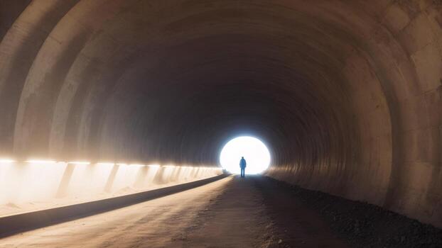 A man standing in a tunnel with a light at the end ai generated photo