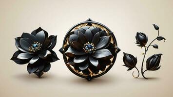 Beautiful black flowers with blue diamond on a beige background, golden edge, 3d rendering ai generated photo