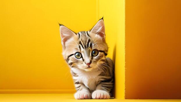 linda atigrado gato gatito frente a el cámara amarillo antecedentes de cerca ai generado foto