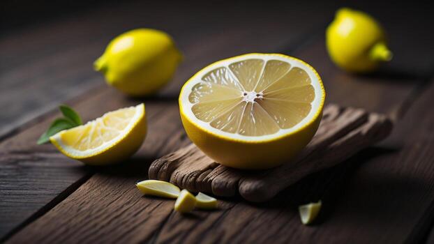 Lemons on a wooden table, wooden background ai generated photo