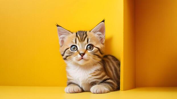 Cute tabby cat Kitten facing the camera yellow background closeup photo