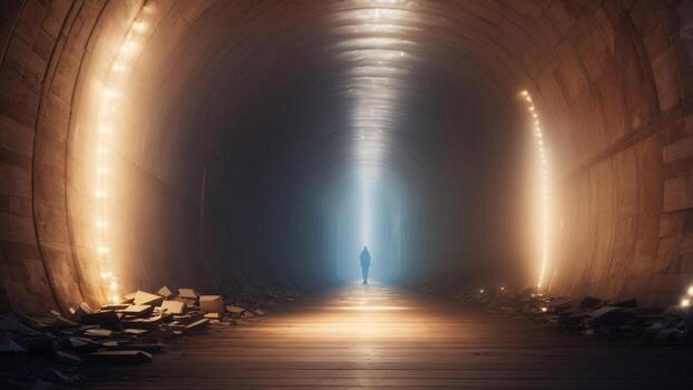 Conceptual image with a silhouette of a man in a tunnel ai generated photo
